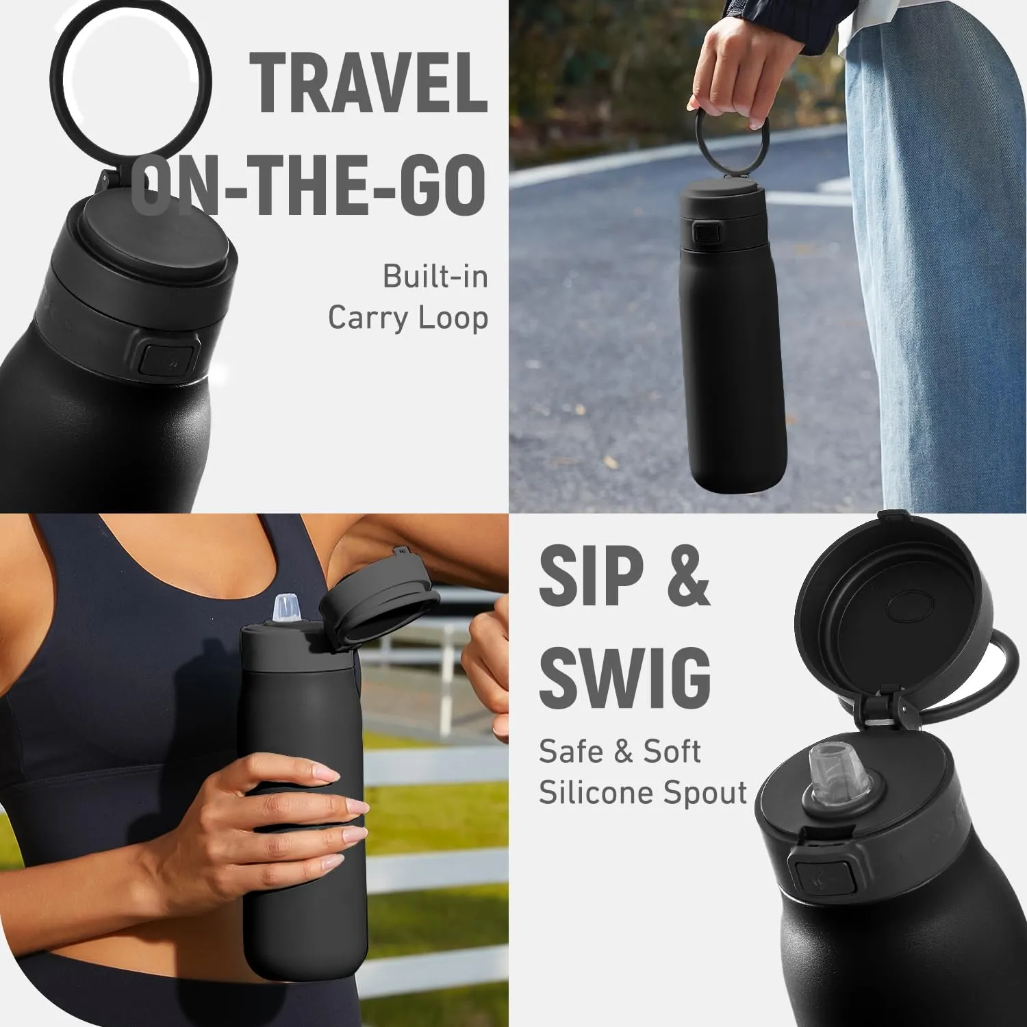 COKTIK Insulated Stainless Steel Water Bottle 32 oz with straw, Double Walled Vacuum, Carrying loop, Leak Proof, BPA Free, 32oz Water bottle for travel, Thermo, Gift for husband, family, 32oz, Black