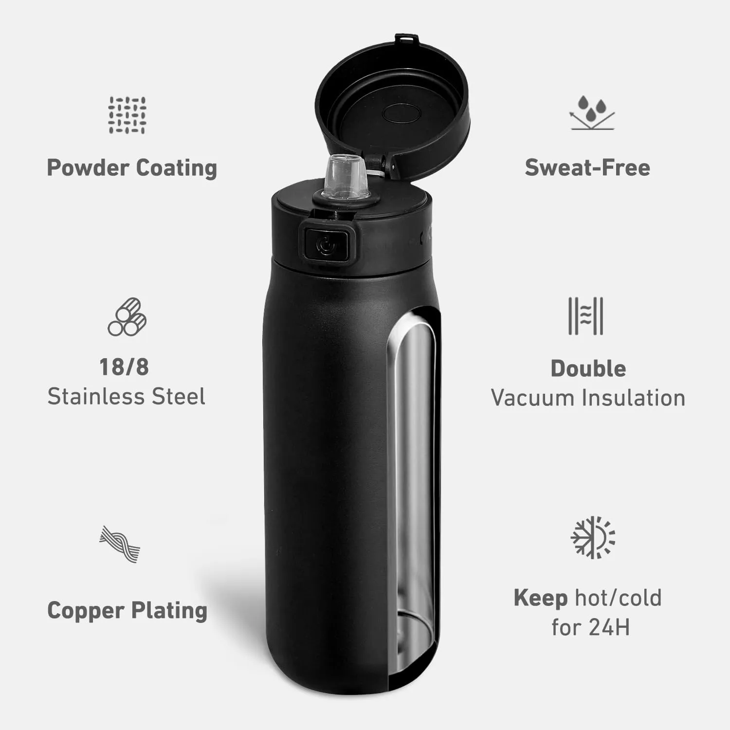 COKTIK Insulated Stainless Steel Water Bottle 32 oz with straw, Double Walled Vacuum, Carrying loop, Leak Proof, BPA Free, 32oz Water bottle for travel, Thermo, Gift for husband, family, 32oz, Black
