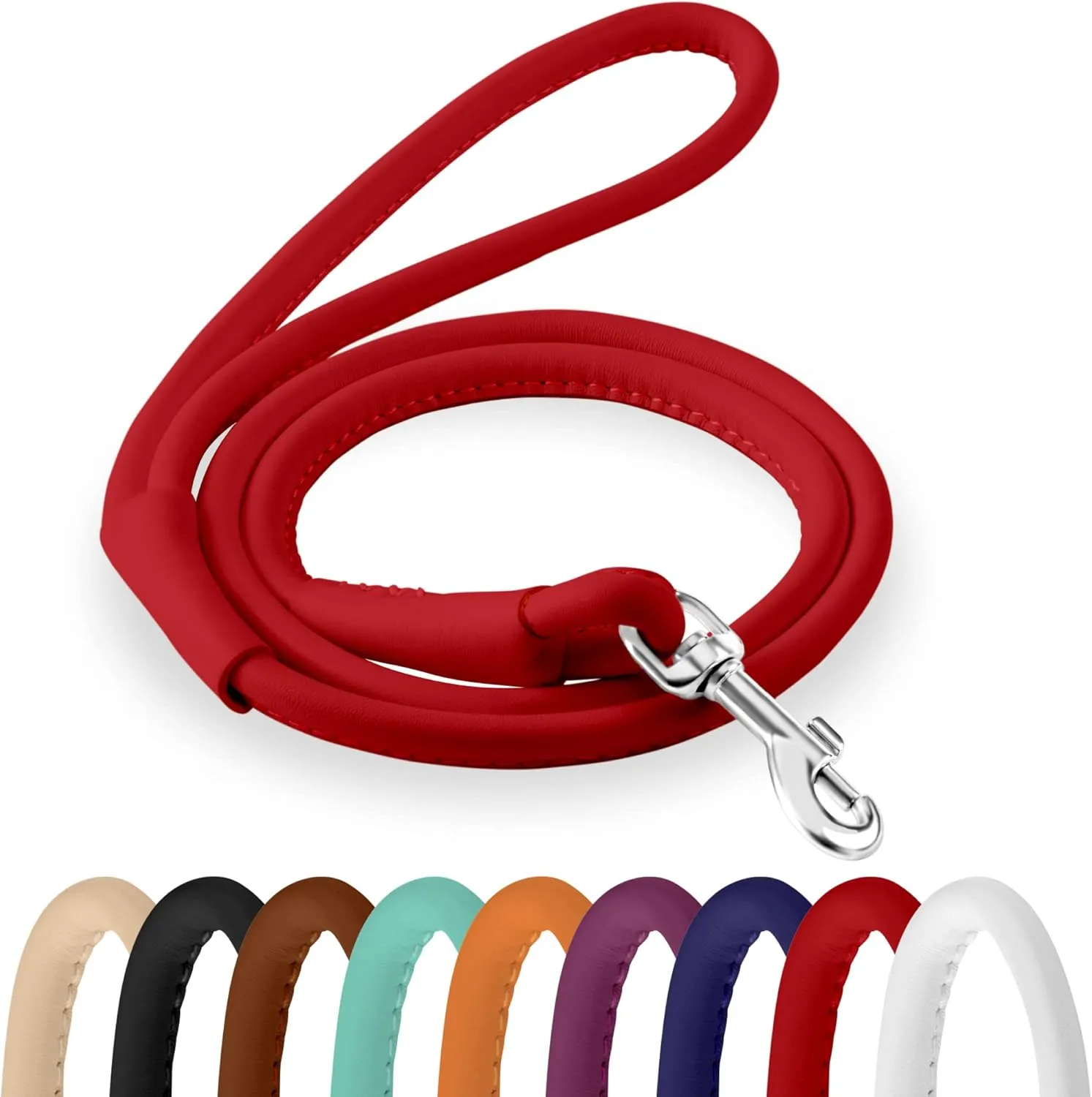 CollarDirect Rolled Leather Dog Leash 6ft, Soft Training Leather Dog Leash for Puppy and Grown Dog Small Medium Large Black Blue Red Orange Green Pink White (Red, Size L 6ft)