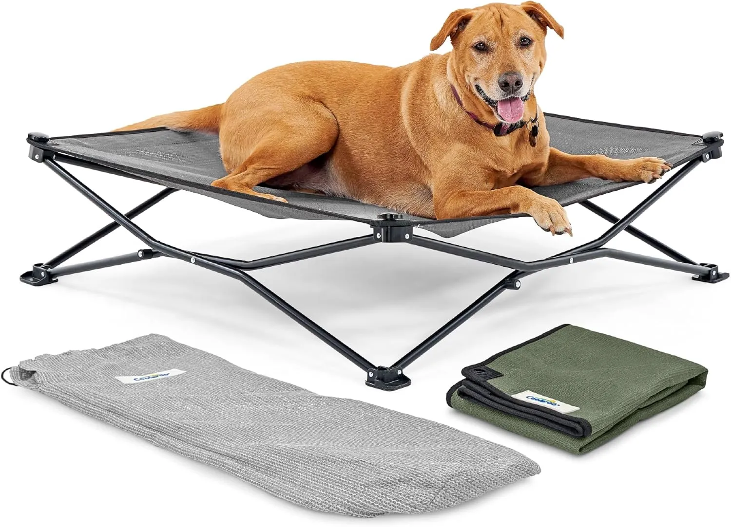 Coolaroo On-The-Go Elevated Dog Bed Kit  Portable & Cooling Travel Cot with HeatShield Fabric for Large Dogs, Lightweight & Compact, Includes Matching Carry Bag & Everglade Green Bonus Cover, Large