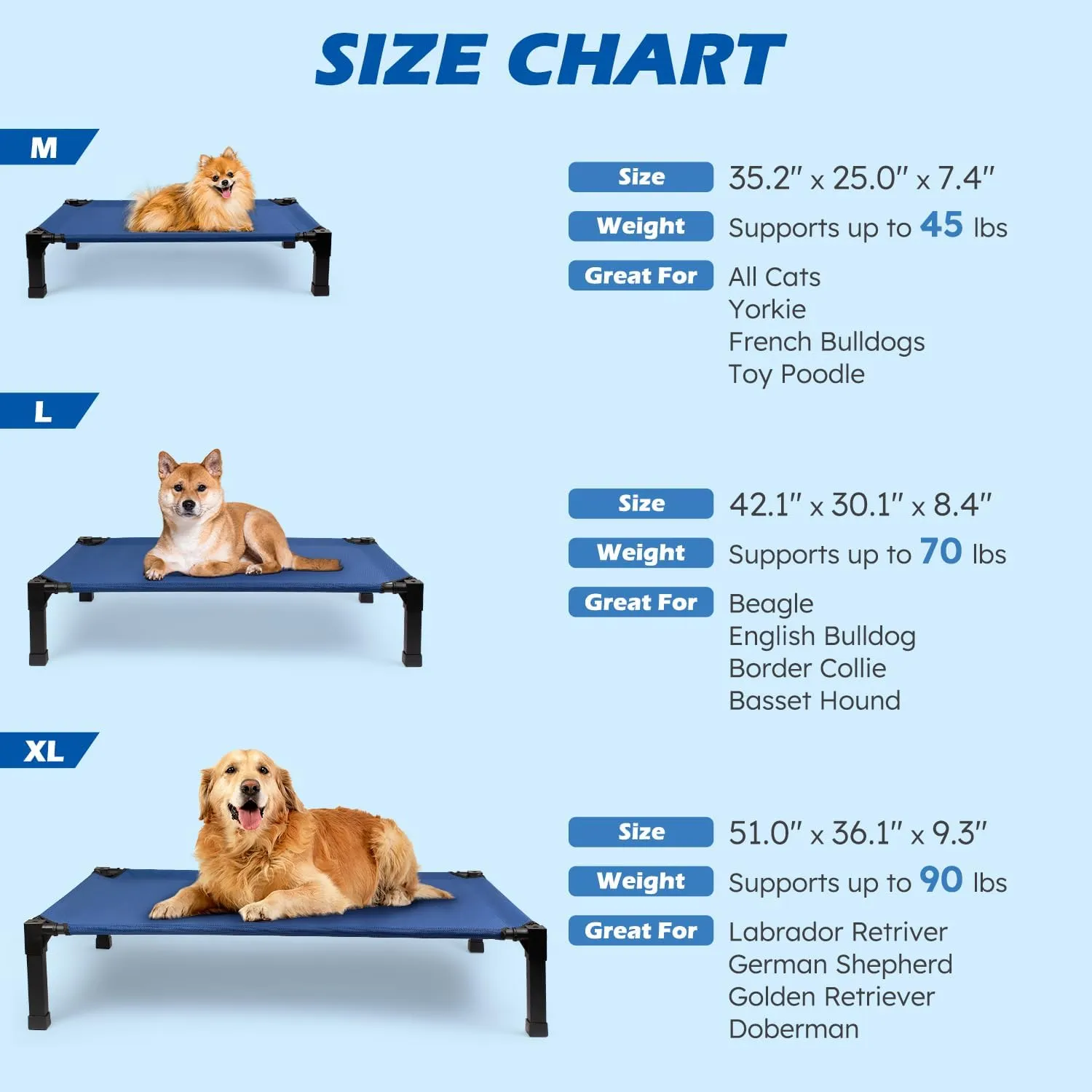 Cooling Elevated Dog Bed, Raised Dog Bed with Washable Breathable Mesh and Metal Frame, Portable Dog Cot Bed with No-Slip Feet for Outdoor and Indoor Use