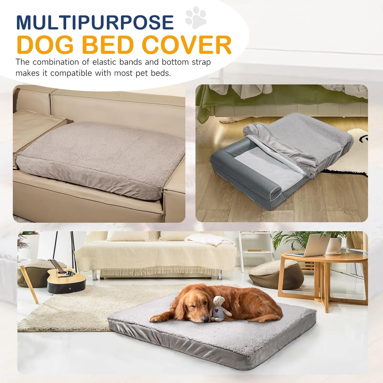 Dog Bed Covers Replacement Washable, Waterproof Dog Sofa Cover Ultra Soft Plush, Quilted, Pet Bed Cover for Cat, Cover Only (Grey, 35.0" L x 23.0" W x 6.5" Th)