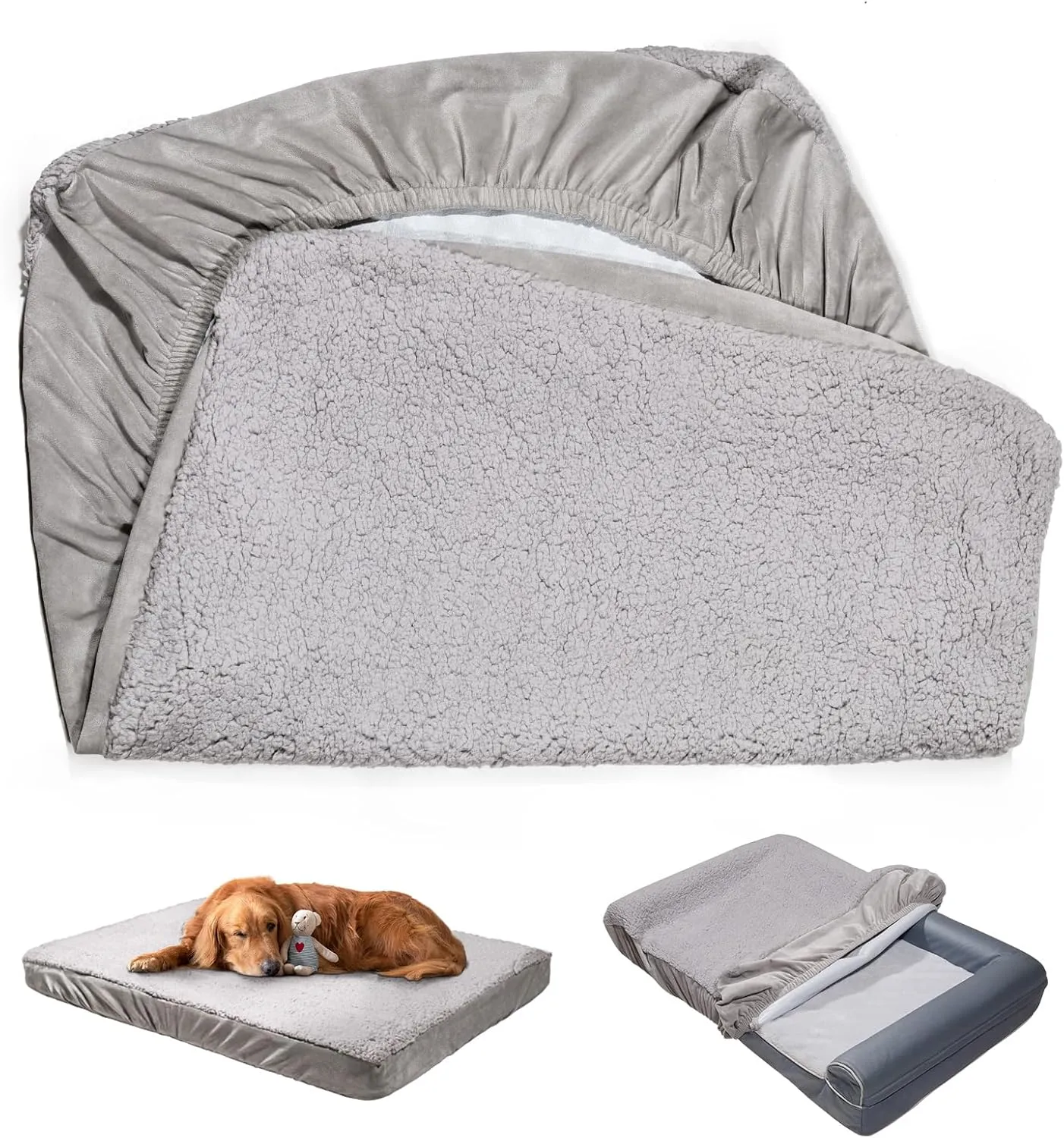 Dog Bed Covers Replacement Washable, Waterproof Dog Sofa Cover Ultra Soft Plush, Quilted, Pet Bed Cover for Cat, Cover Only (Grey, 35.0" L x 23.0" W x 6.5" Th)