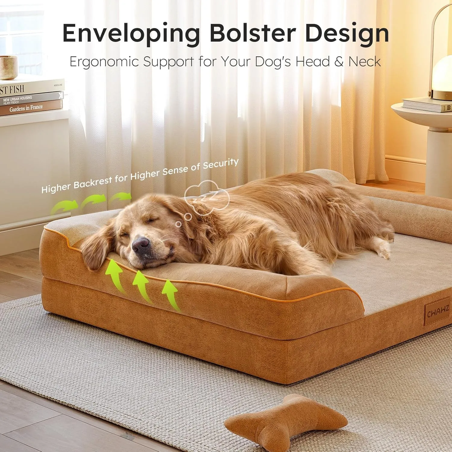 Dog Beds for Large Dogs, Orthopedic Dog Bed with Cooling Gel Memory Foam, Waterproof Large Pet Bed with Removable Washable Cover, 36" Pet Sofa Couch Dutch Velvet with Bone Toy, Brown