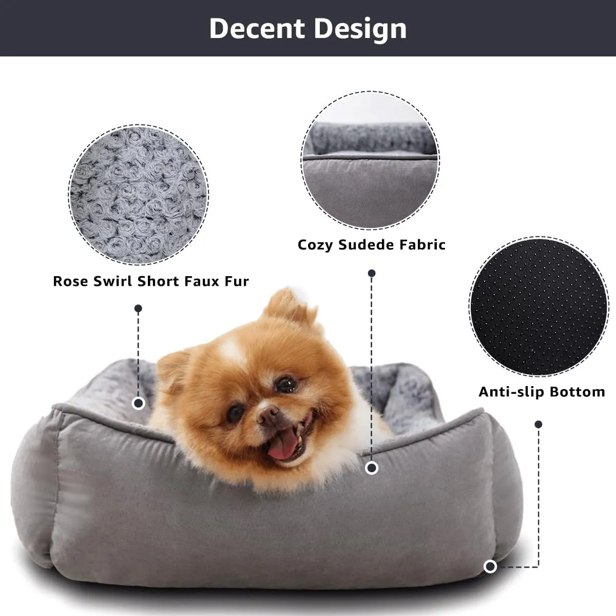 Dog Beds for Small Dogs, Soft Calming Pet Sofa Bed, Fully Washable and Durable, Rectangle Anti-Anxiety Pet Bed Couch with Anti-Slip Bottom, 20"x19", Grey