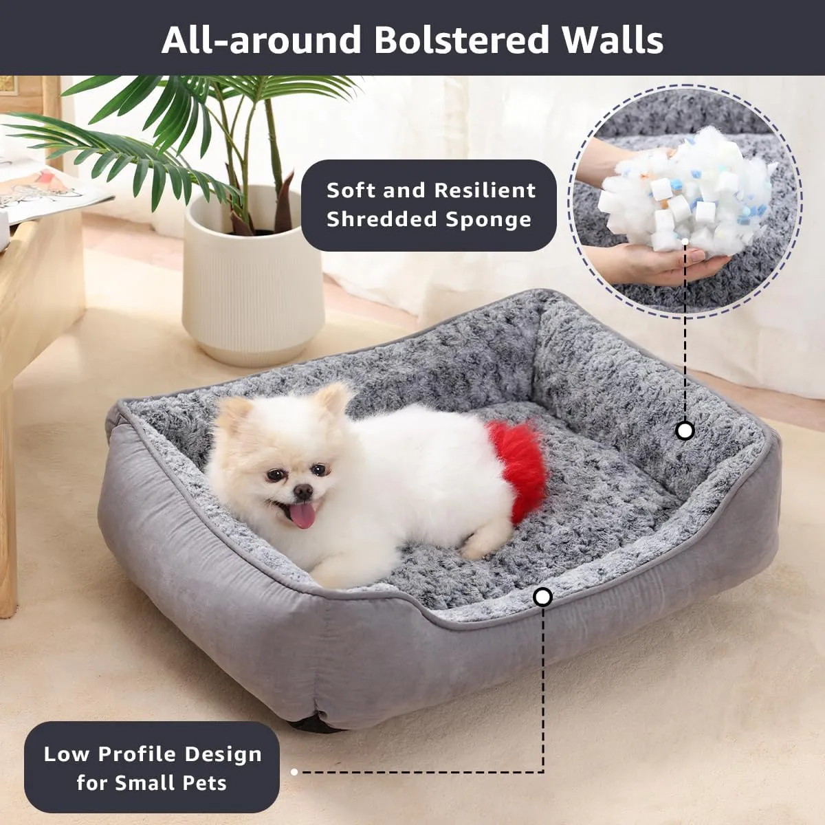 Dog Beds for Small Dogs, Soft Calming Pet Sofa Bed, Fully Washable and Durable, Rectangle Anti-Anxiety Pet Bed Couch with Anti-Slip Bottom, 20"x19", Grey