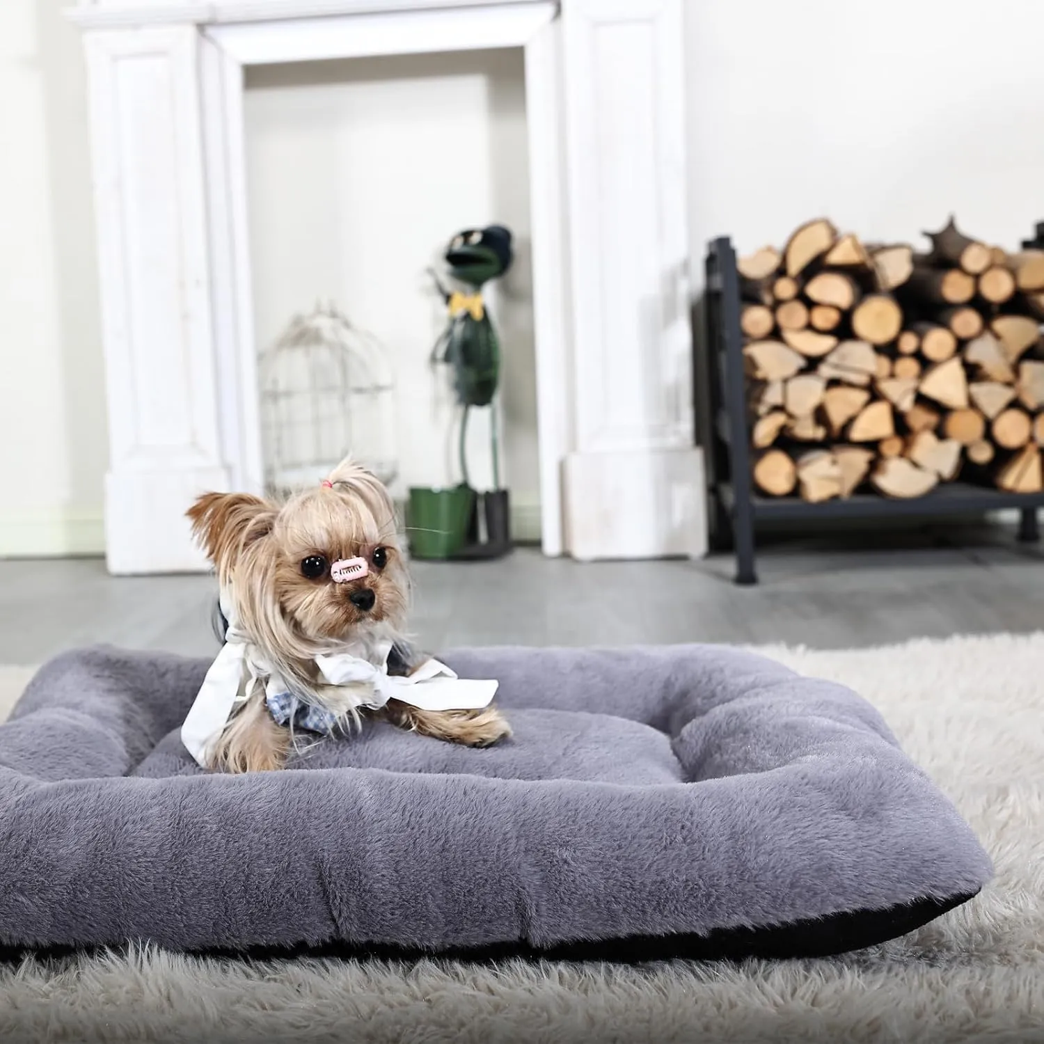 Dog Crate Pads for Small Dogs with Fluffy Faux Fur and Non-Slip Bottom,24 inch Pet Bed Soft and Comfy for Puppy or Cat,Machine Washable Crate Mat 24 x 18,Dark Grey