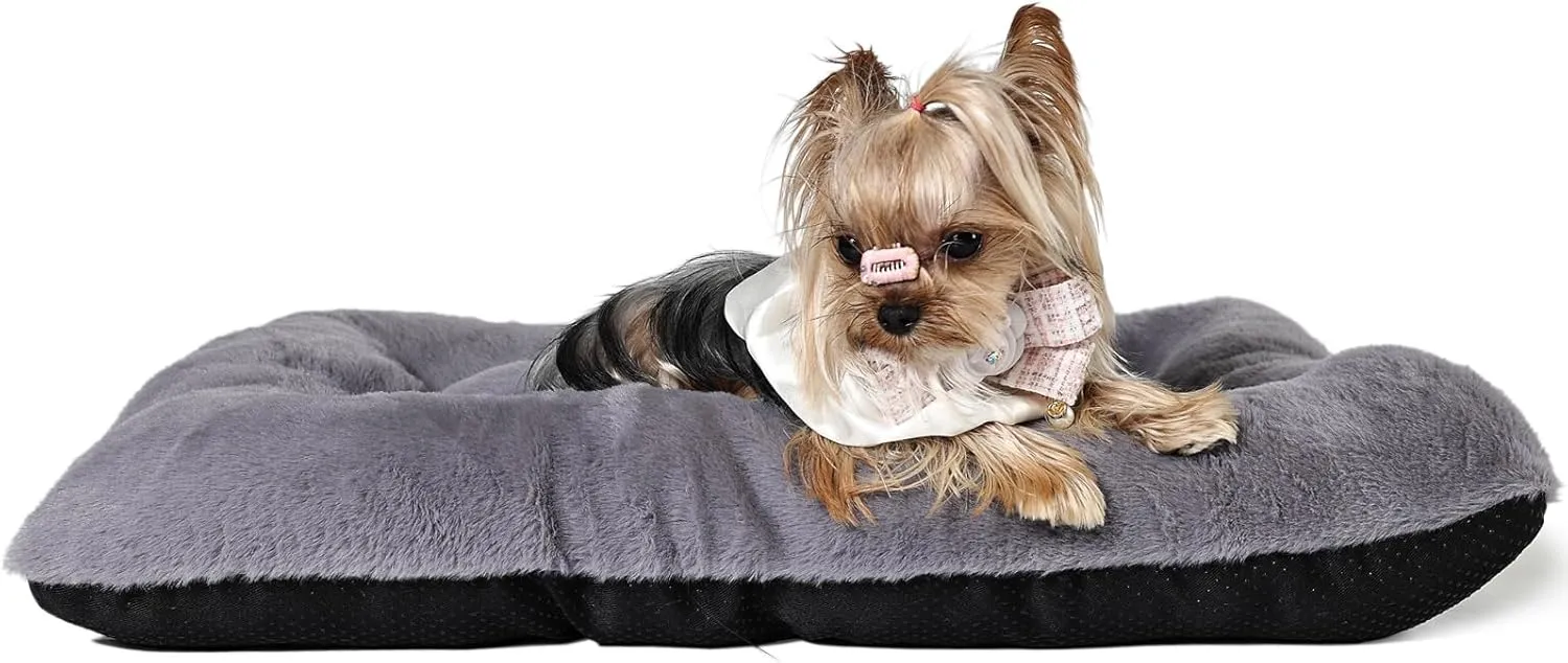 Dog Crate Pads for Small Dogs with Fluffy Faux Fur and Non-Slip Bottom,24 inch Pet Bed Soft and Comfy for Puppy or Cat,Machine Washable Crate Mat 24 x 18,Dark Grey