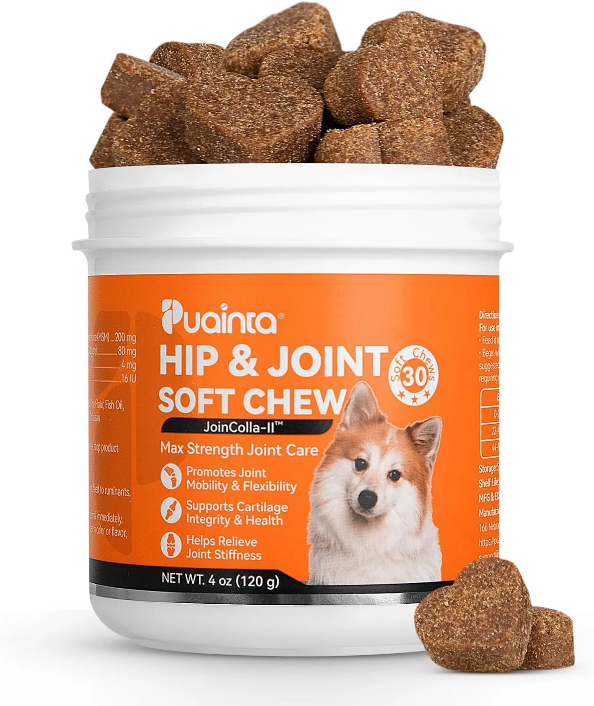Dog Hip and Joint Supplement, JoinColla-II Collagen, Glucosamine, Chondroitin, MSM Dog Joint Pain Relief Treats, Hip & Joint Care for Large Breeds Enhance Mobility, Bone Health-30 Soft Chews