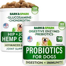 Dog Probiotics Chews   Hemp Treats   Glucosamine Bundle - Digestive Enzymes   Prebiotics   Chondroitin, MSM, Omega-3 - Gas, Diarrhea, Allergy, Constipation, Upset Stomach Relief   Joint Pain Relief