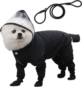 Dog Raincoat with Hood, Waterproof Full-Coverage Reflective Rain Jacket with Leash Quick-Drying Rain Poncho and Shoes for Small Medium Large Dogs,Black,M
