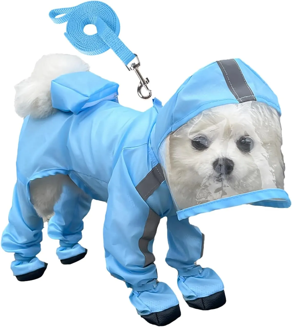 Dog Raincoat with Hood, Waterproof Full-Coverage Reflective Rain Jacket with Leash Quick-Drying Rain Poncho and Shoes for Small Medium Large Dogs,Blue,M