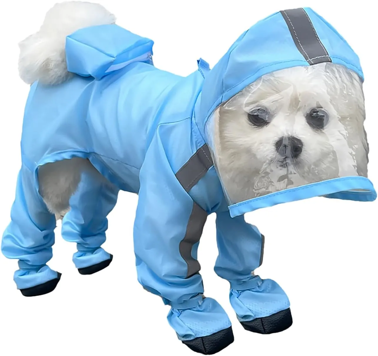 Dog Raincoat with Hood, Waterproof Full-Coverage Reflective Rain Jacket with Leash Quick-Drying Rain Poncho and Shoes for Small Medium Large Dogs,Blue,M