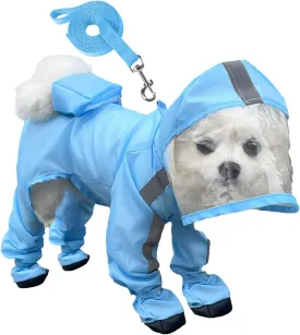 Dog Raincoat with Hood, Waterproof Full-Coverage Reflective Rain Jacket with Leash Quick-Drying Rain Poncho and Shoes for Small Medium Large Dogs,Blue,M