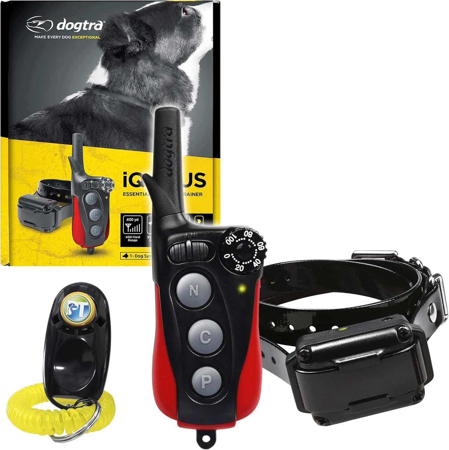 Dogtra IQ Plus  1-Dog Remote Training Collar - 400 Yard Range, Waterproof, Rechargeable, Static, Vibration - Includes PetsTEK Dog Training Clicker