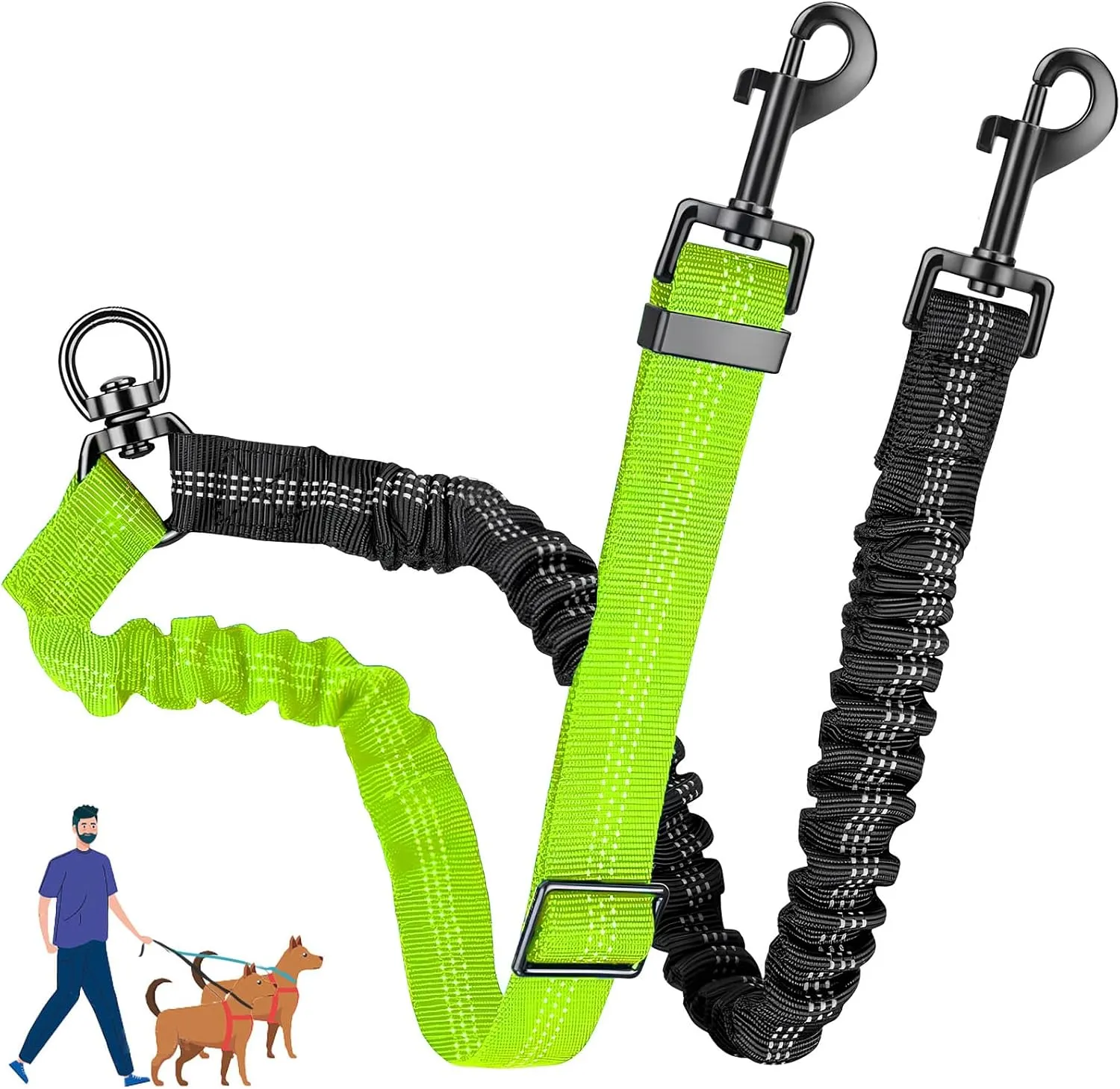 Double Dog Leash for Two Dogs - 2-in-1 Upgraded Double Leash for Two Dogs with Adjustable Strap & Shock Absorbing Bungee, No Tangle Dual Training Splitter (Green)