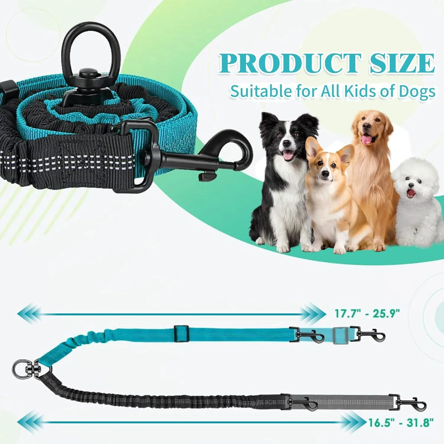 Double Dog Leash for Two Dogs - 2-in-1 Upgraded Double Leash for Two Dogs with Adjustable Strap & Shock Absorbing Bungee, No Tangle Dual Training Splitter (Green)