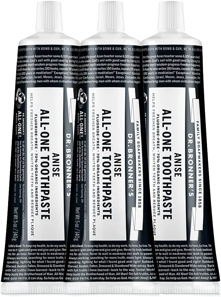 Dr. Bronners - All-One Toothpaste (Anise, 5 Ounce, 3-Pack) - 70% Organic Ingredients, Natural and Effective, Fluoride-Free, SLS-Free, Helps Freshen Breath, Reduce Plaque, Whiten Teeth, Vegan