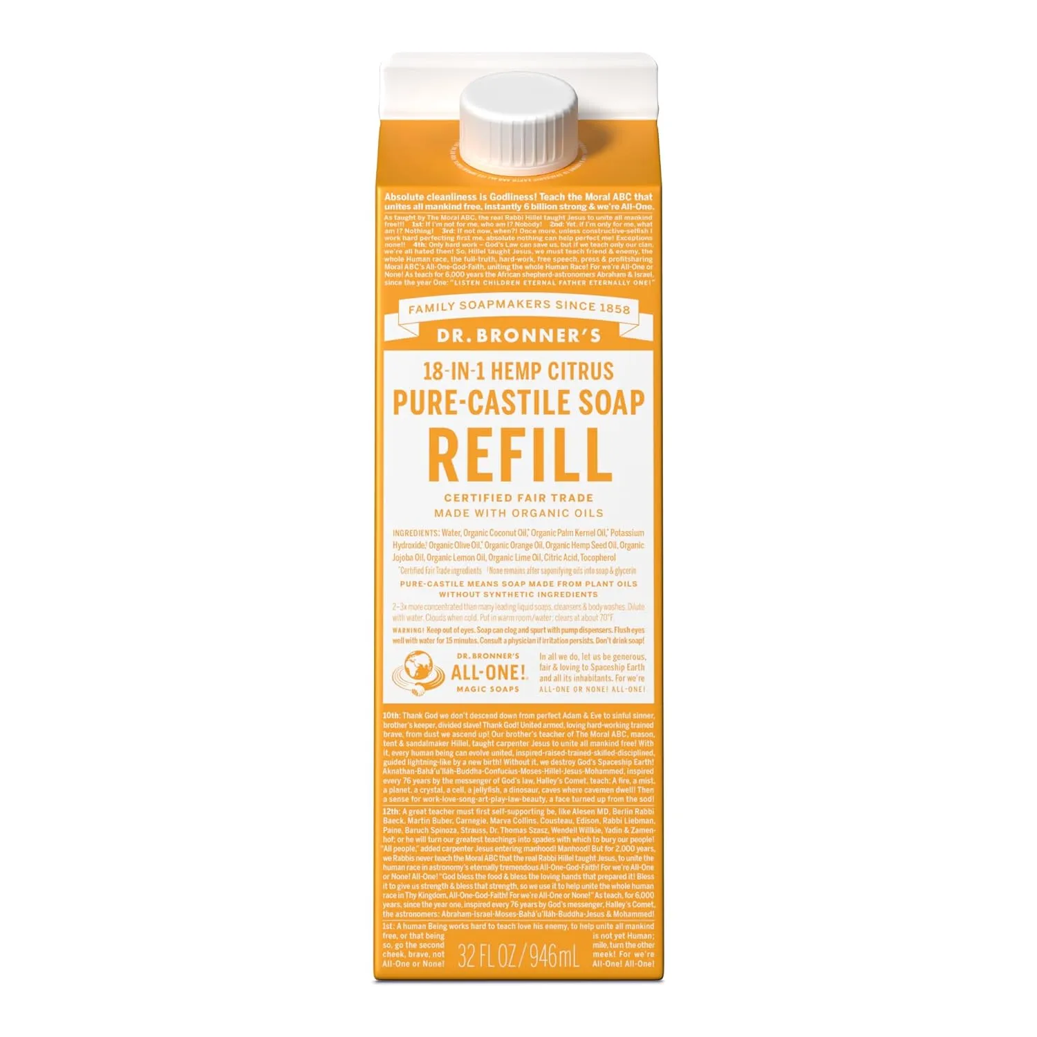 Dr. Bronner's - Pure-Castile Liquid Soap Refill, 82% Less Plastic per Quart, Made with Organic Oils, 18-in-1 Uses, For Face, Body, Hand Soap Refill, Hair, Laundry, Pets & Dishes (32oz, Citrus)