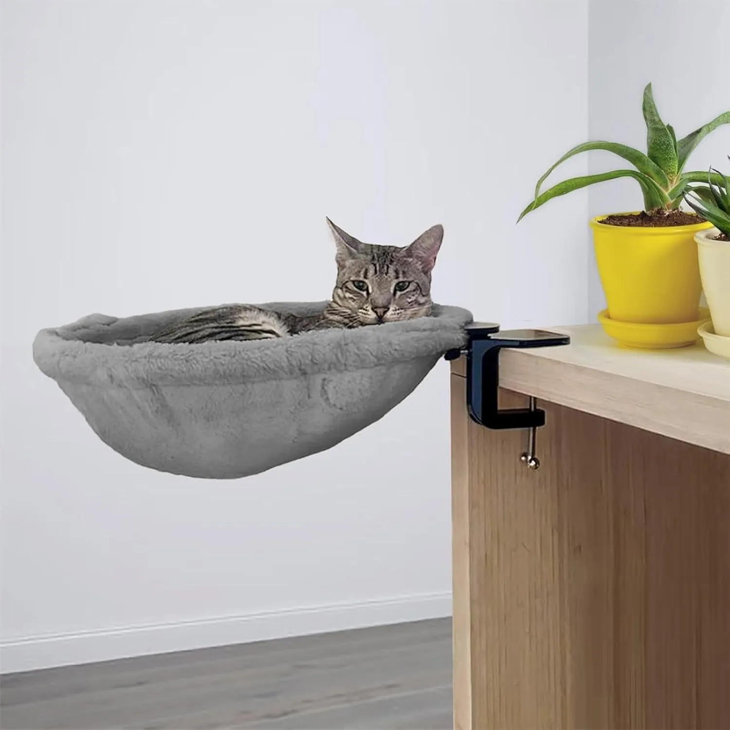 Durable Large Cat Desk Bed  Supports Up to 45 lbs, Ergonomic Cat Hammock, Sturdy Dual Clamps, Sunken Hammock, Removable Soft Fluffy Cover, for Working & Gaming Desk, Dining Table (Gray)