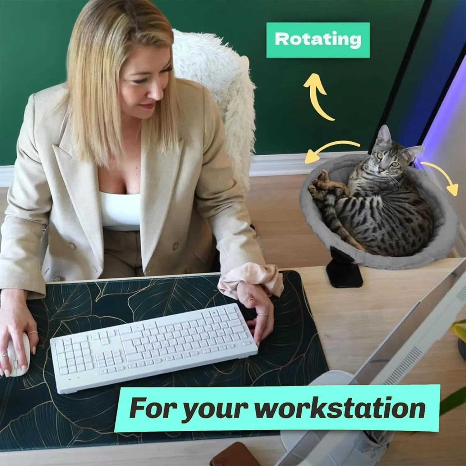 Durable Large Cat Desk Bed  Supports Up to 45 lbs, Ergonomic Cat Hammock, Sturdy Dual Clamps, Sunken Hammock, Removable Soft Fluffy Cover, for Working & Gaming Desk, Dining Table (Gray)