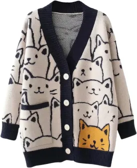 ebossy Women's Kawaii Cartoon Cat Cardigan Japanese Aesthetic Button Down Jacquard Knit Sweater Coat