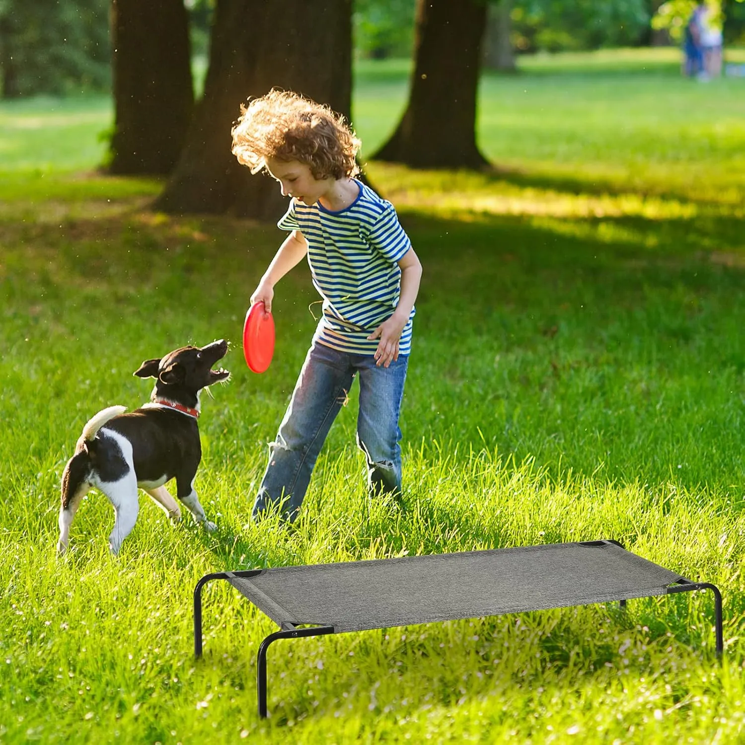 Elevated Dog Bed Raised Pet Bed, Portable Indoor Outdoor Cat Bed with Breathable Fabric Metal Frame Waterproof Pet Cot for Small Medium Dogs Cats, Rustic Grey