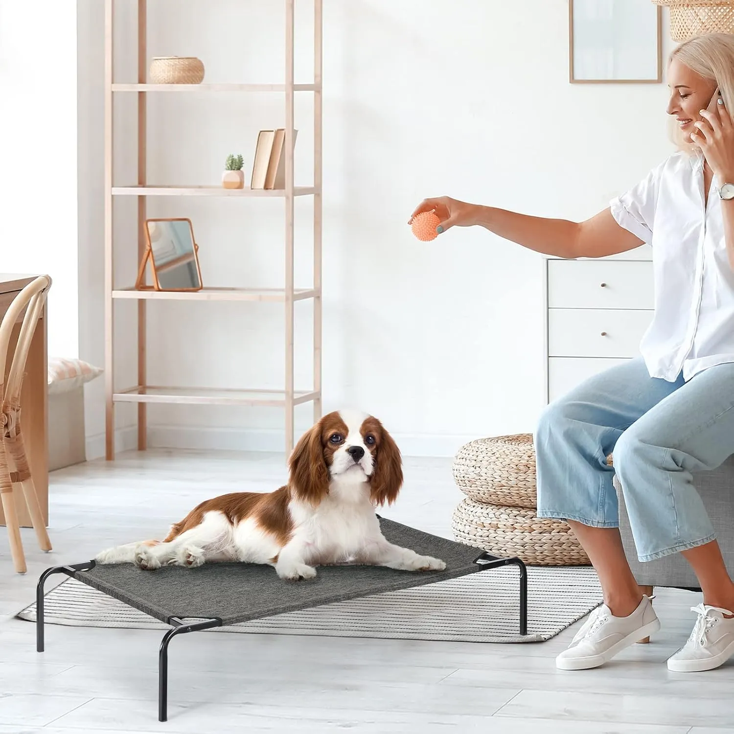 Elevated Dog Bed Raised Pet Bed, Portable Indoor Outdoor Cat Bed with Breathable Fabric Metal Frame Waterproof Pet Cot for Small Medium Dogs Cats, Rustic Grey