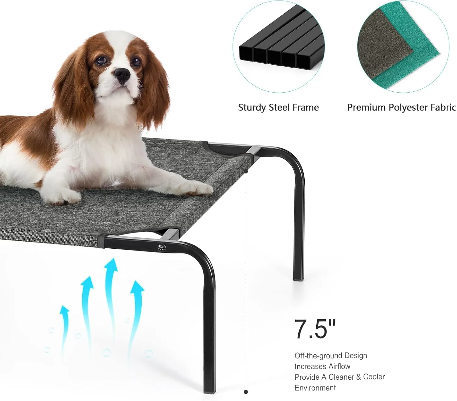 Elevated Dog Bed Raised Pet Bed, Portable Indoor Outdoor Cat Bed with Breathable Fabric Metal Frame Waterproof Pet Cot for Small Medium Dogs Cats, Rustic Grey