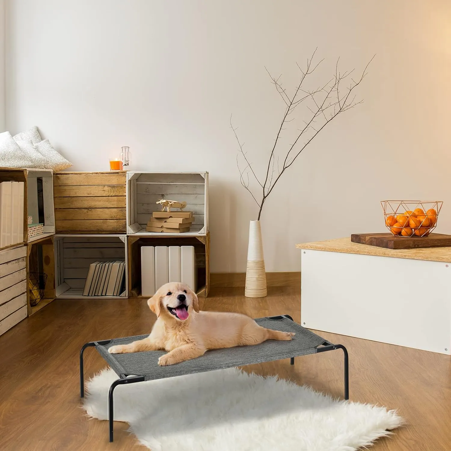 Elevated Dog Bed Raised Pet Bed, Portable Indoor Outdoor Cat Bed with Breathable Fabric Metal Frame Waterproof Pet Cot for Small Medium Dogs Cats, Rustic Grey