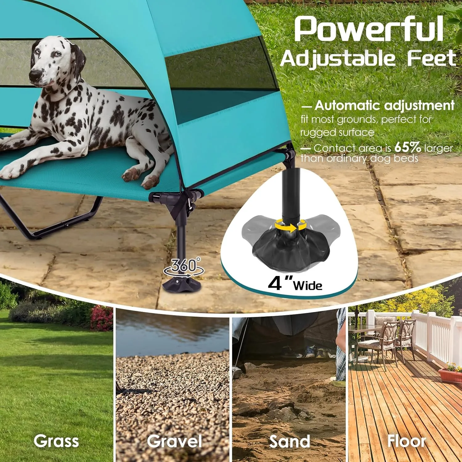 Elevated Dog Bed with Upgraded Canopy, Raised Outdoor Dog Tent with Powerful Anti-Slip Feet, Portable Pet Cot with Larger Shade, Raised Cooling Bed for Camping, Backyard, Beach, Poolside