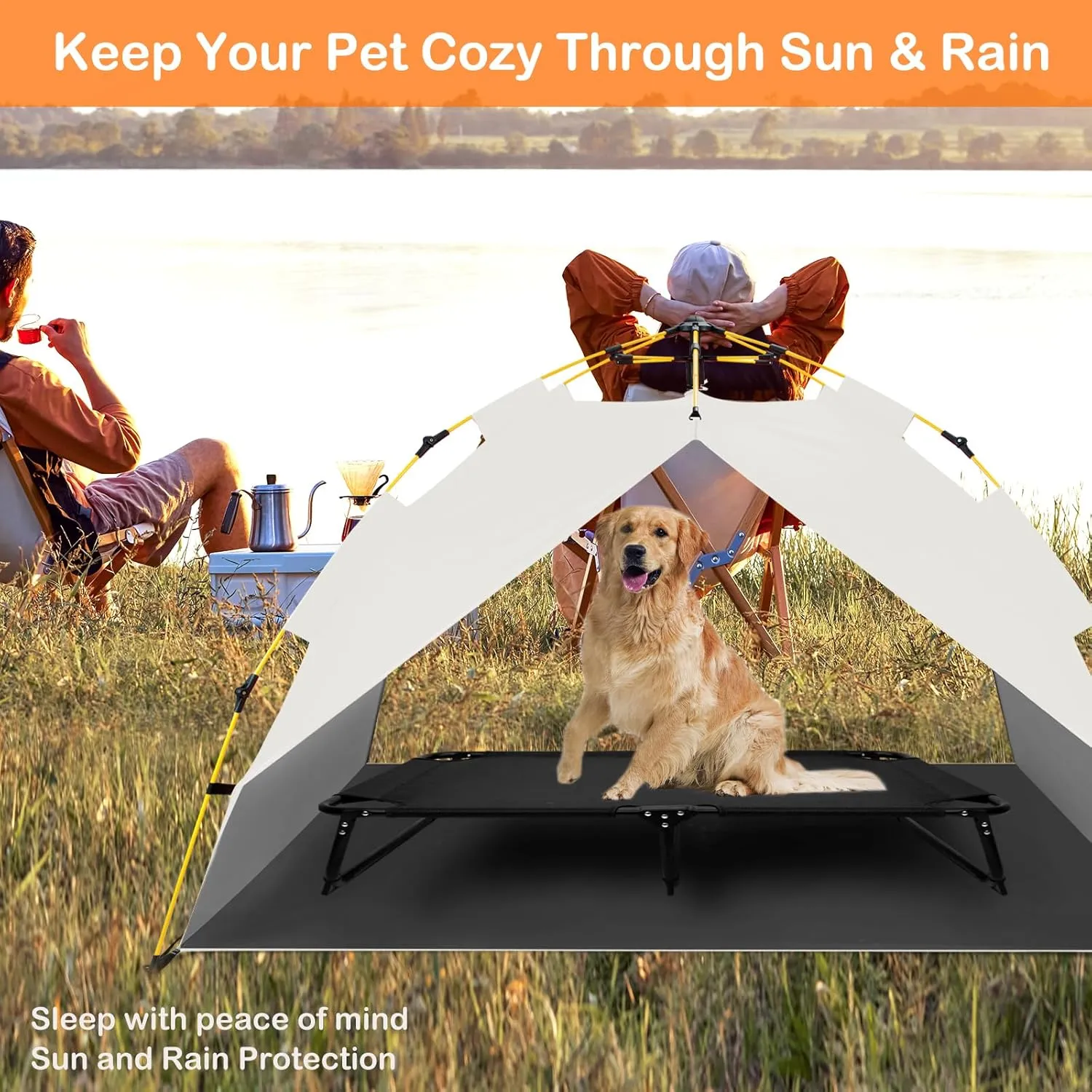 Elevated Raised Dog Bed Cot w/Canopy Shade Tent & Bolster, Fully Assembled, Portable Indoor&Outdoor Chew-Resistance Travel Camping Cooling Pet Bed for Small Medium Dogs,34x26x6