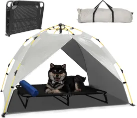Elevated Raised Dog Bed Cot w/Canopy Shade Tent & Bolster, Fully Assembled, Portable Indoor&Outdoor Chew-Resistance Travel Camping Cooling Pet Bed for Small Medium Dogs,34x26x6
