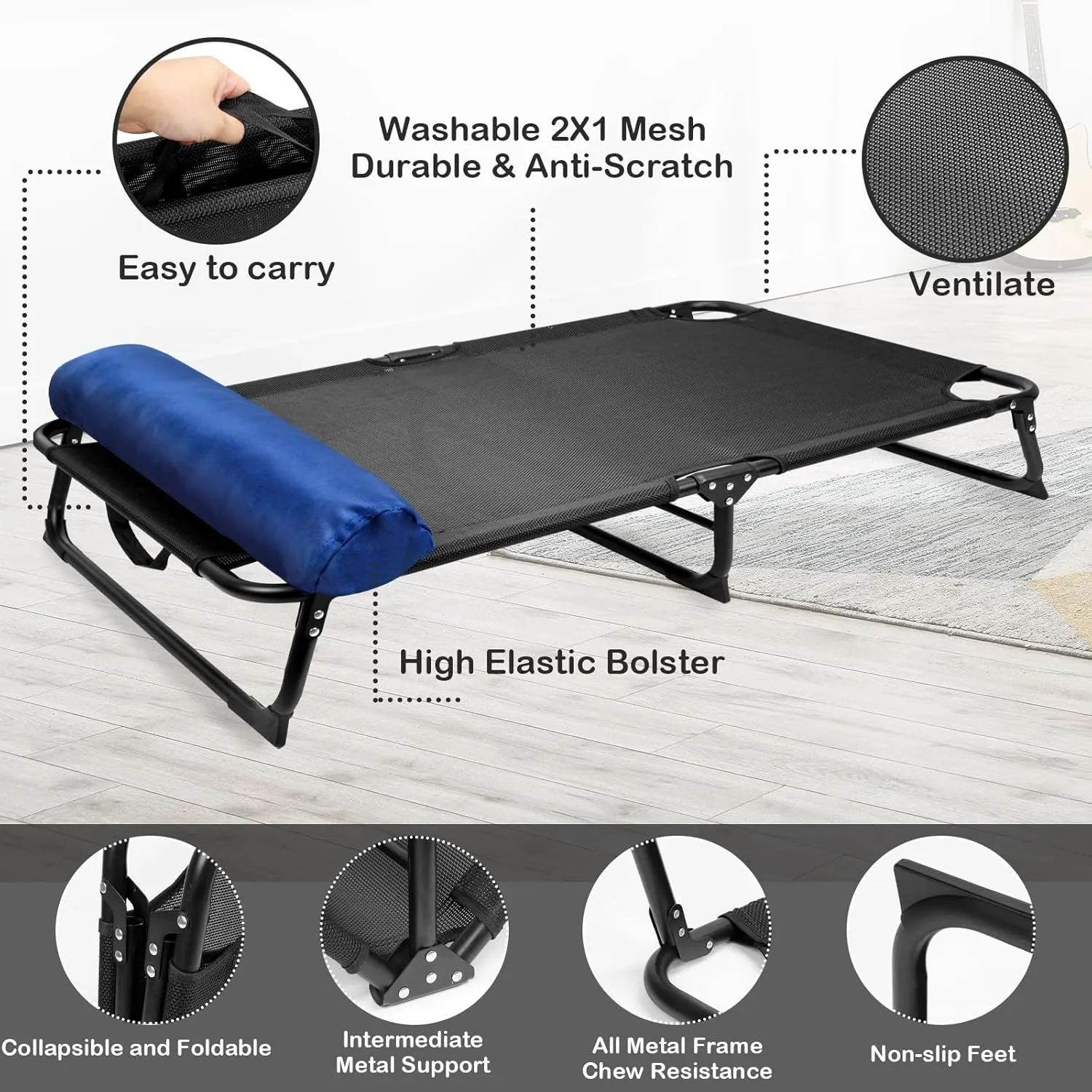 Elevated Raised Dog Bed Cot w/Canopy Shade Tent & Bolster, Fully Assembled, Portable Indoor&Outdoor Chew-Resistance Travel Camping Cooling Pet Bed for Small Medium Dogs,34x26x6