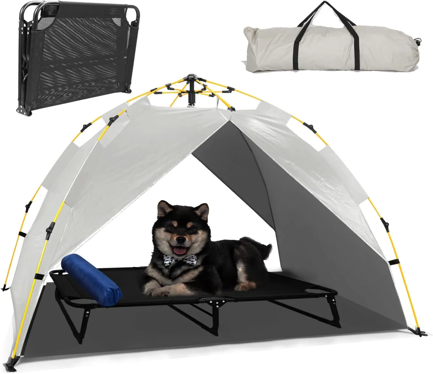 Elevated Raised Dog Bed Cot w/Canopy Shade Tent & Bolster, Fully Assembled, Portable Indoor&Outdoor Chew-Resistance Travel Camping Cooling Pet Bed for Small Medium Dogs,34x26x6