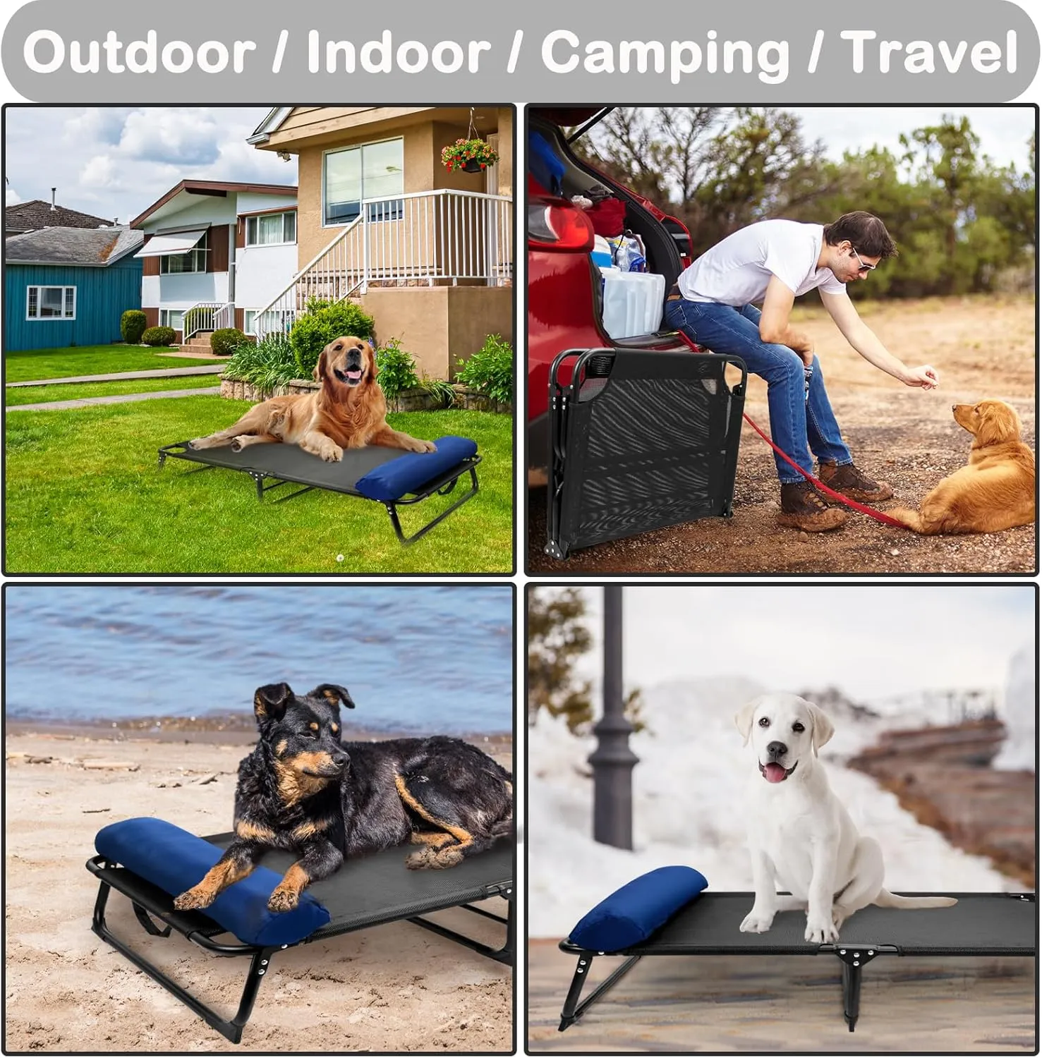 Elevated Raised Dog Bed Cot w/Canopy Shade Tent & Bolster, Fully Assembled, Portable Indoor&Outdoor Chew-Resistance Travel Camping Cooling Pet Bed for Small Medium Dogs,34x26x6