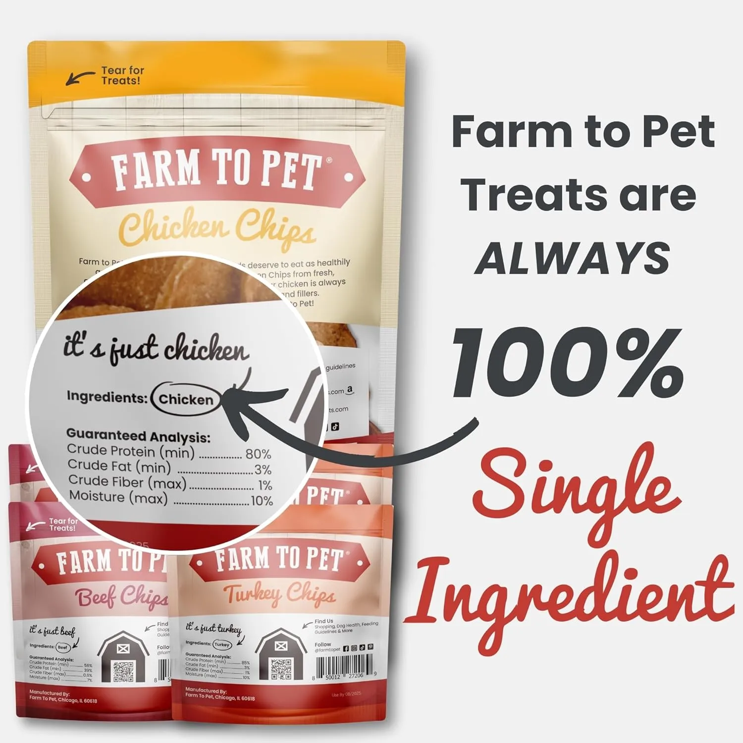 Farm To Pet - Puppy Training Treats Starter Pack Chicken 4oz   2 Turkey & 2 Beef Snack Chips for Small Dogs - Value Pack Dog Treats, 100% All Natural, Single Ingredient, Puppy Essentials Made in USA