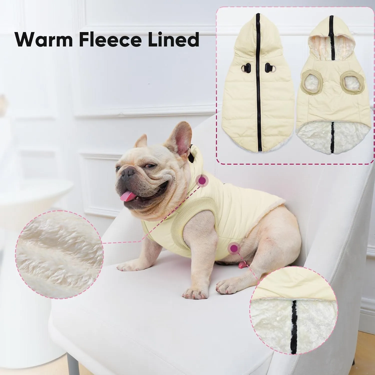Fleece Lining Dog Hoodie with Harness Built in,Extra Warm Small Dog Jacket in Winter Puppy Coats with Hooded,Light Yellow M