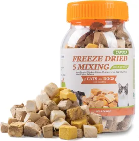 Freeze-Dried 5in1 Cat & Dog Treats - Natural Ingredients Chicken Salmon Egg Yolk Duck & Chicken Liver Cubes High Protein Grain-Free Pet Snacks for Digestion Training Rewards (5oz)