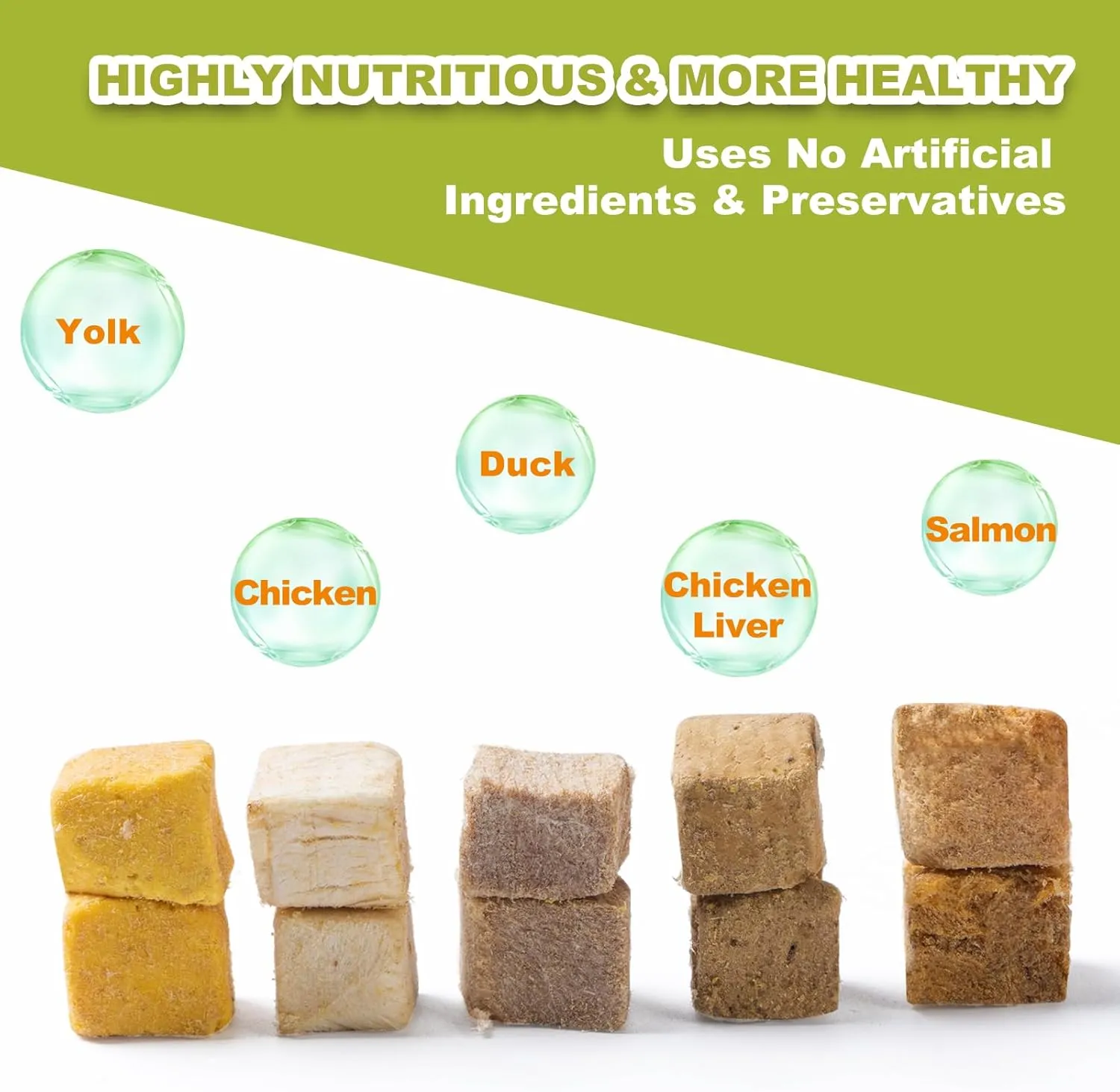Freeze-Dried 5in1 Cat & Dog Treats - Natural Ingredients Chicken Salmon Egg Yolk Duck & Chicken Liver Cubes High Protein Grain-Free Pet Snacks for Digestion Training Rewards (5oz)
