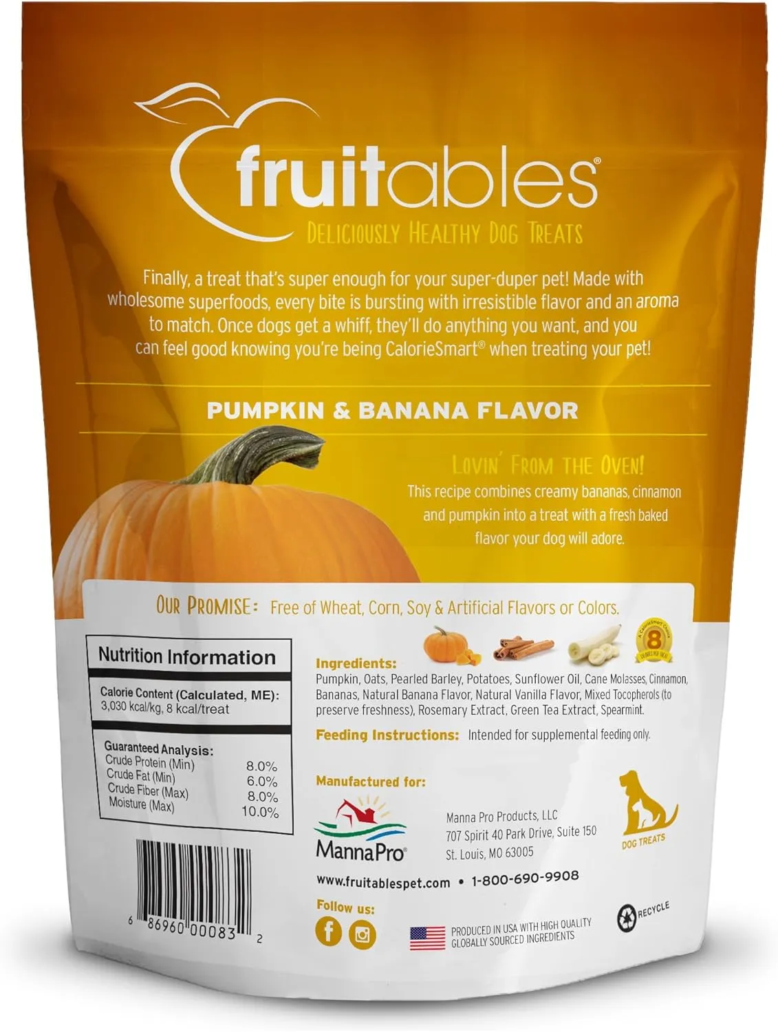 Fruitables Baked Dog Treats  Healthy Low Calorie  Free of Wheat, Corn and Soy  Pumpkin and Banana  12 Ounces