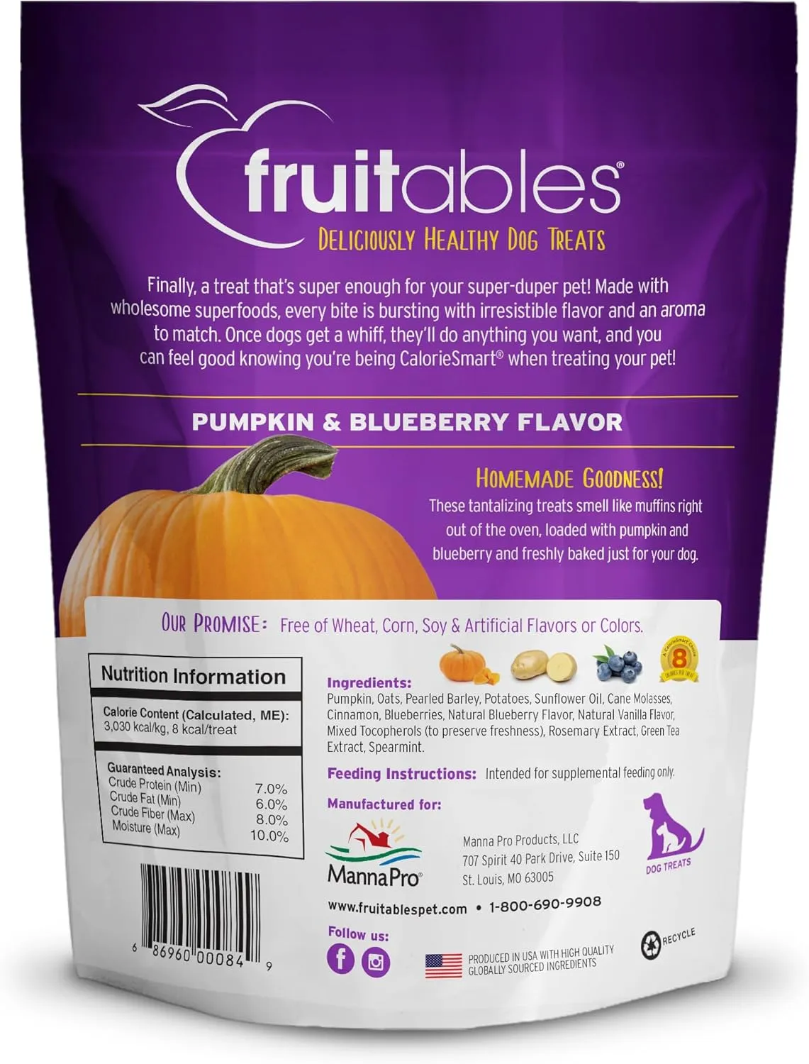 Fruitables Baked Dog Treats  Healthy Low Calorie , Free of Wheat, Corn and Soy  Pumpkin and Blueberry  12 Ounces