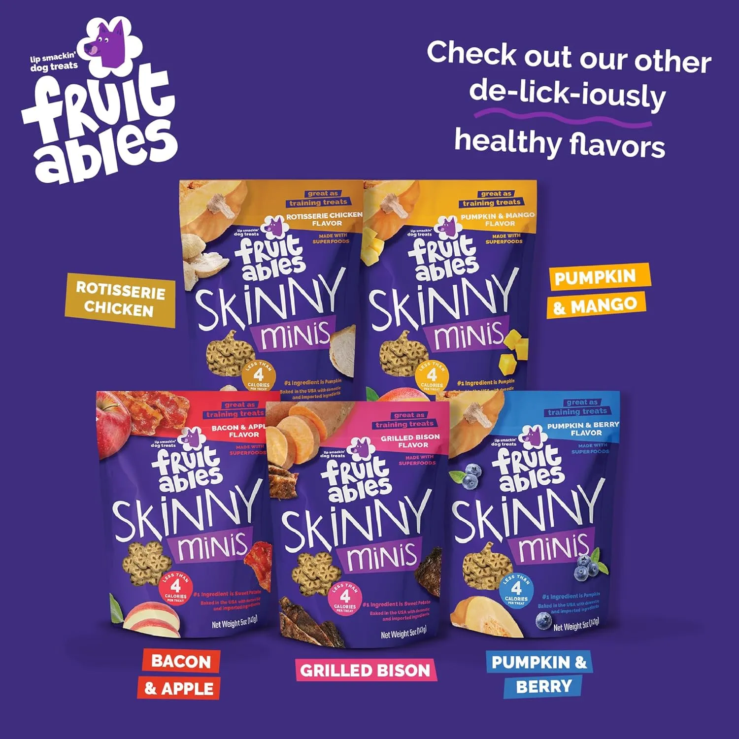 Fruitables Skinny Mini Dog Treats, Healthy Sweet Potato Treat for Dogs, Low Calorie & Delicious, Puppy Training, Free of Wheat, Corn and Soy, Made in the USA, Bacon and Apple Flavor, 5oz