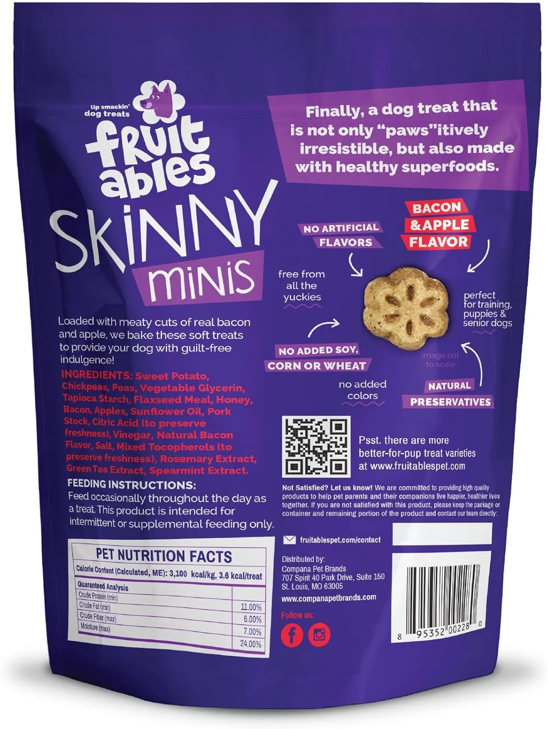 Fruitables Skinny Mini Dog Treats, Healthy Sweet Potato Treat for Dogs, Low Calorie & Delicious, Puppy Training, Free of Wheat, Corn and Soy, Made in the USA, Bacon and Apple Flavor, 5oz