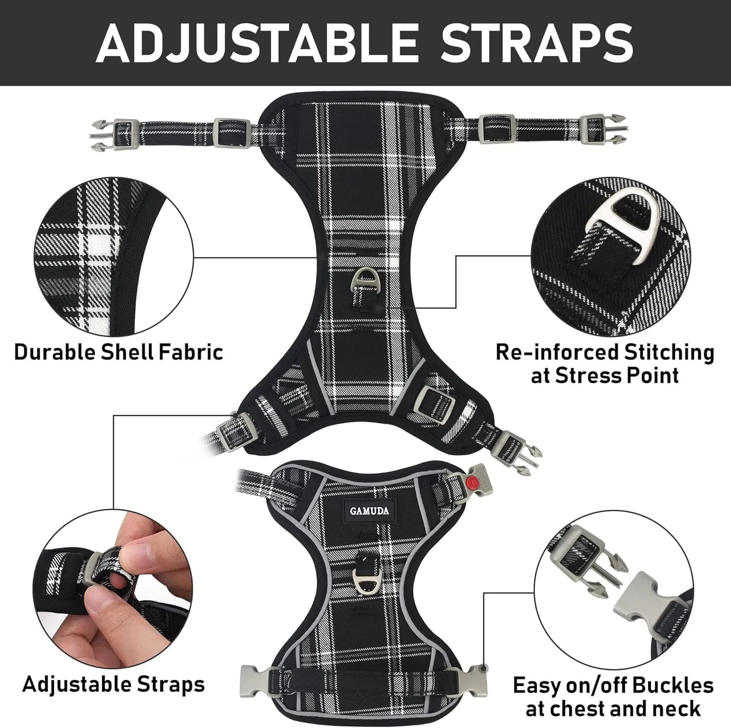 GAMUDA Dog Harness Collar and Leash Set, Horse Care Sheets, No Chock No Pull Adjustable Vest Harnesses Plaid Reflective for Medium Dog, Cat, Small Horse, Small Bull and Pig (Black, M)