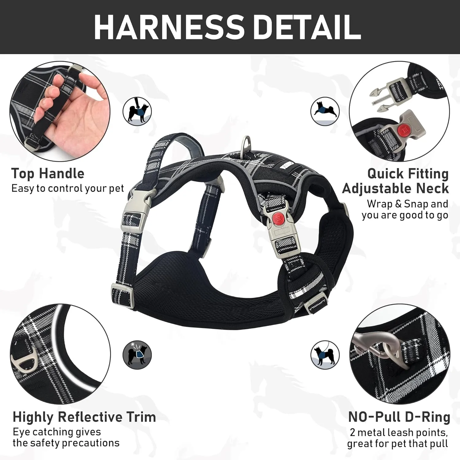 GAMUDA Dog Harness Collar and Leash Set, Horse Care Sheets, No Chock No Pull Adjustable Vest Harnesses Plaid Reflective for Medium Dog, Cat, Small Horse, Small Bull and Pig (Black, M)