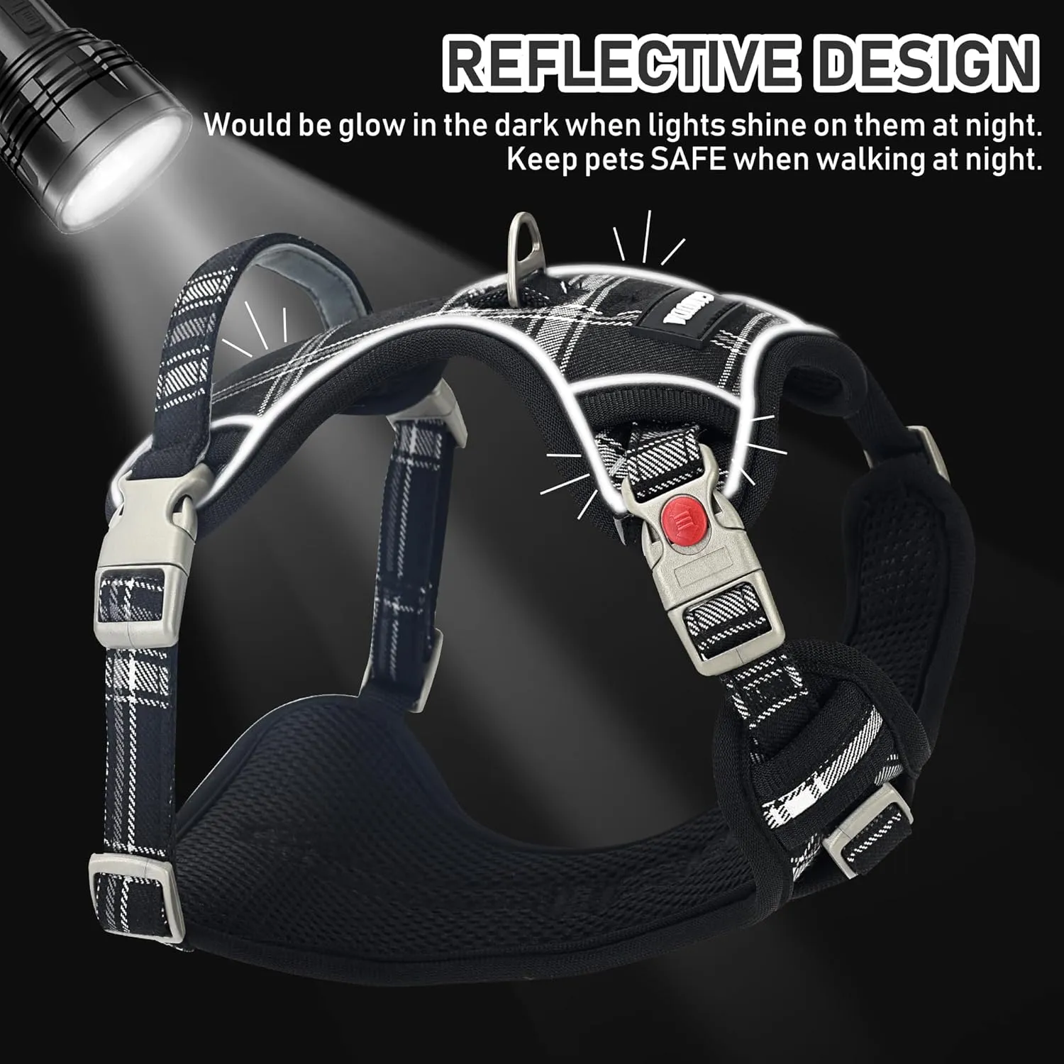 GAMUDA Dog Harness Collar and Leash Set, Horse Care Sheets, No Chock No Pull Adjustable Vest Harnesses Plaid Reflective for Medium Dog, Cat, Small Horse, Small Bull and Pig (Black, M)