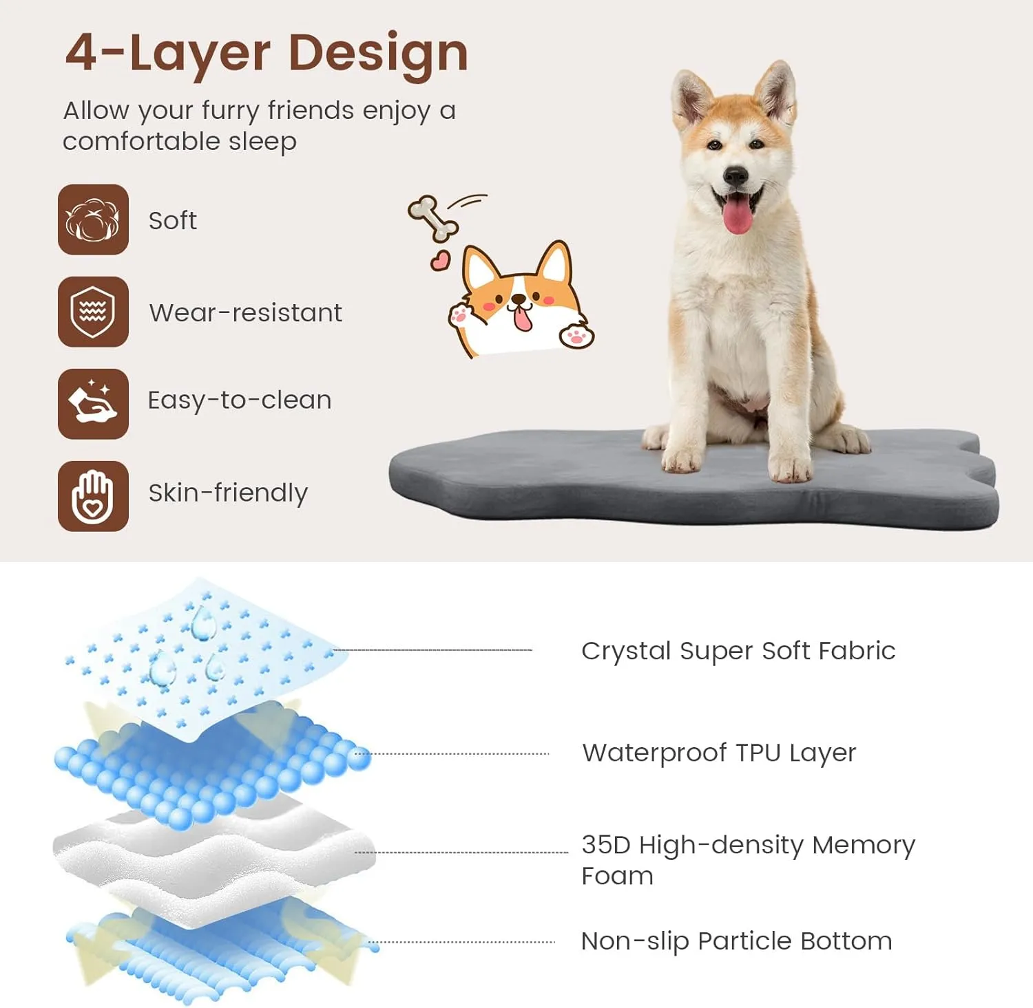 Giantex Memory Foam Dog Bed with Removable Washable Cover, Non-Slip Bottom, Egg Crate Foam Pet Sleeping Mat for Large Medium Dogs, 43 x 26 inch, Orthopedic Dog Bed Indoor Outdoor (Gray)