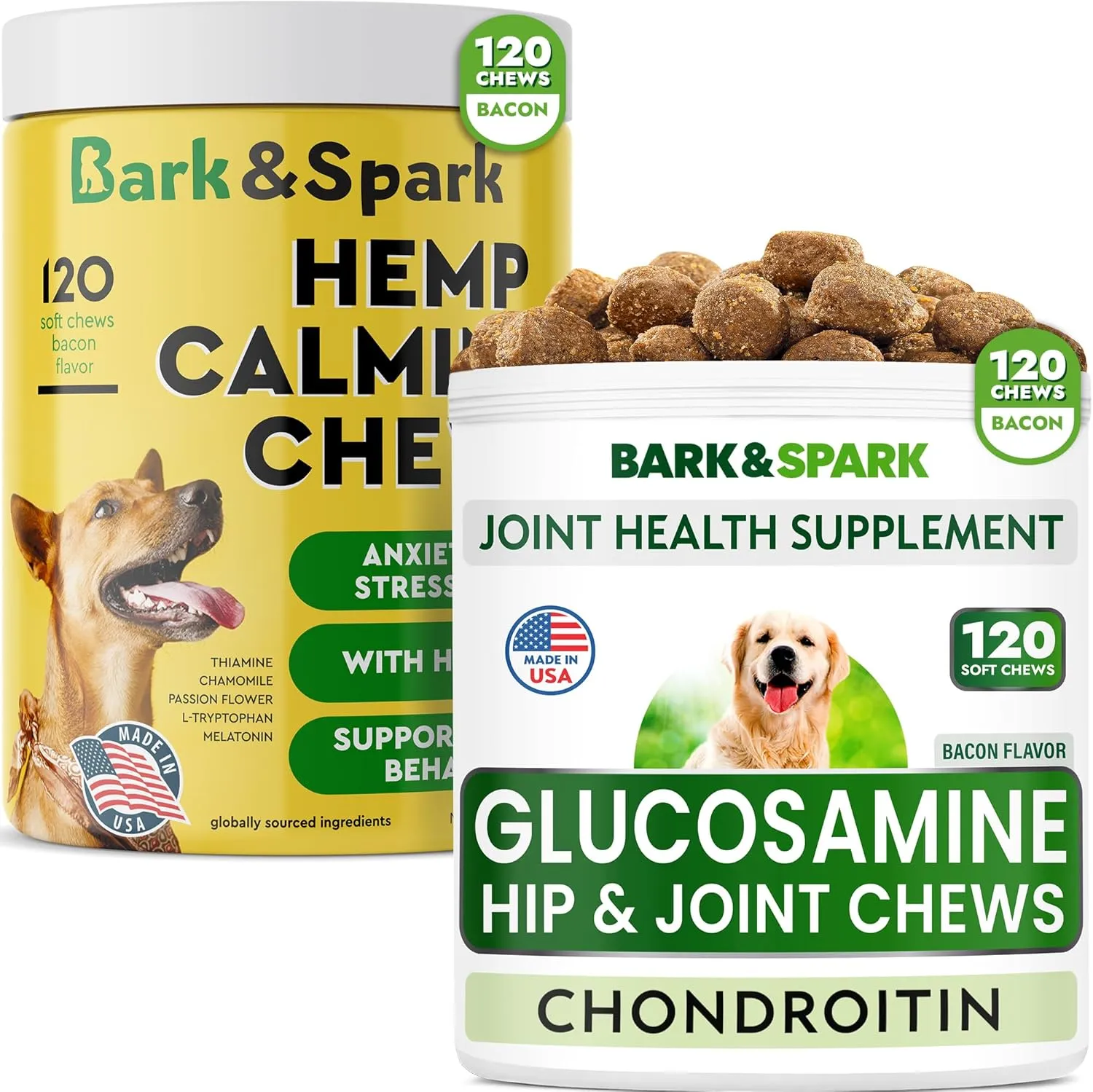 Glucosamine Bacon Flavor   Calming Hemp Treats for Dogs Bundle - Joint Pain Relief   Anxiety Relief - Chondroitin, MSM, Omega-3   Hemp Oil - Hip & Joint Care   Stress Relief - 240 Soft Chews - US Made