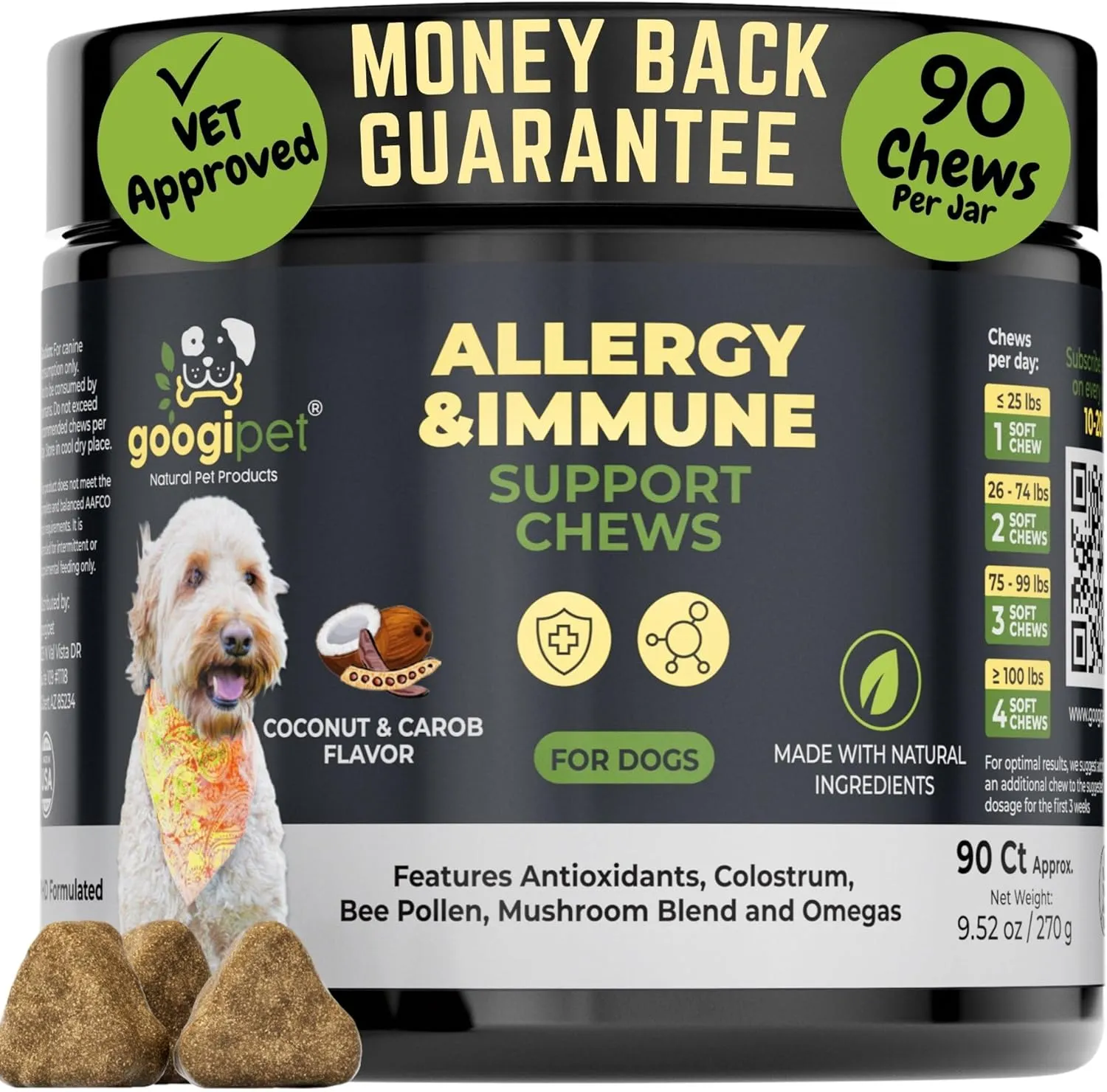 Googipet Dog Allergy Chews, Dog Allergy Relief & Itchy Skin Relief, Skin & Coat Supplement  Bee Pollen, Colostrum for Dogs, Coconut Oil, Probiotics, & Omega 3 Fish Oil to Reduce Constant Scratching